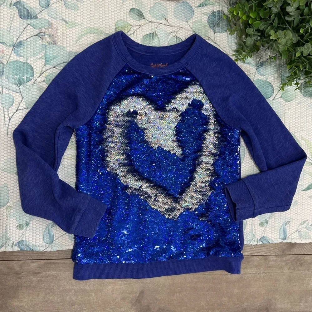 Cat & Jack Blue/Silver Sequin Girls Kids Sweatshirt Size Medium 7/8
